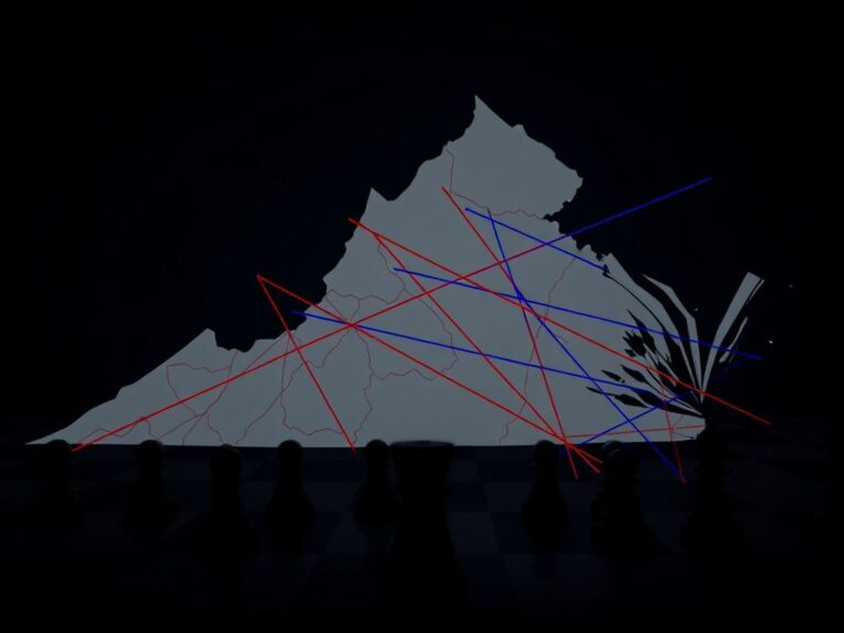 Flick International A dramatic map of Virginia illustrating gerrymandered districts in contrasting red and blue