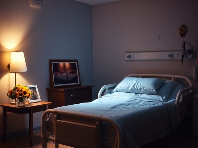 Flick International A serene hospice room with a hospital bed and flowers, symbolizing Mike Rotunda's care