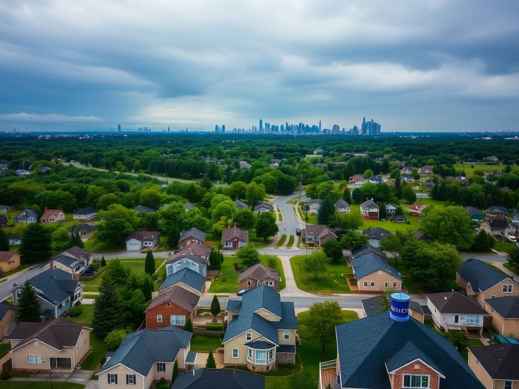 Flick International Aerial view of a suburban town in Nassau County, New York featuring homes and a police station