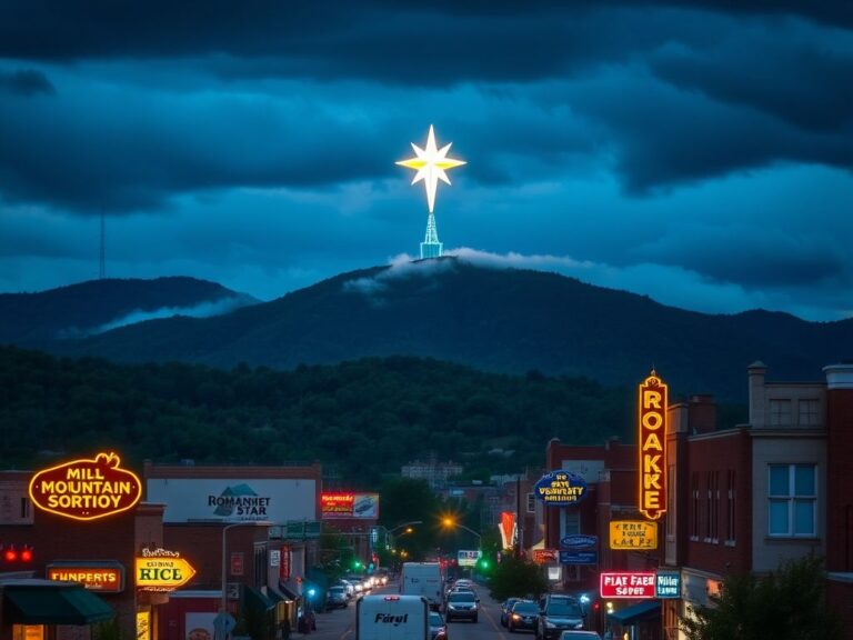 Flick International Scenic view of downtown Roanoke with the Mill Mountain Star illuminated at night