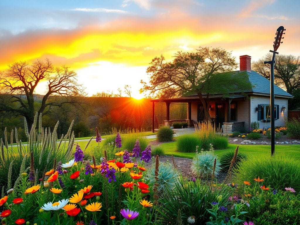 Flick International Serene landscape of Austin, Texas with vibrant sunset and wildflower garden