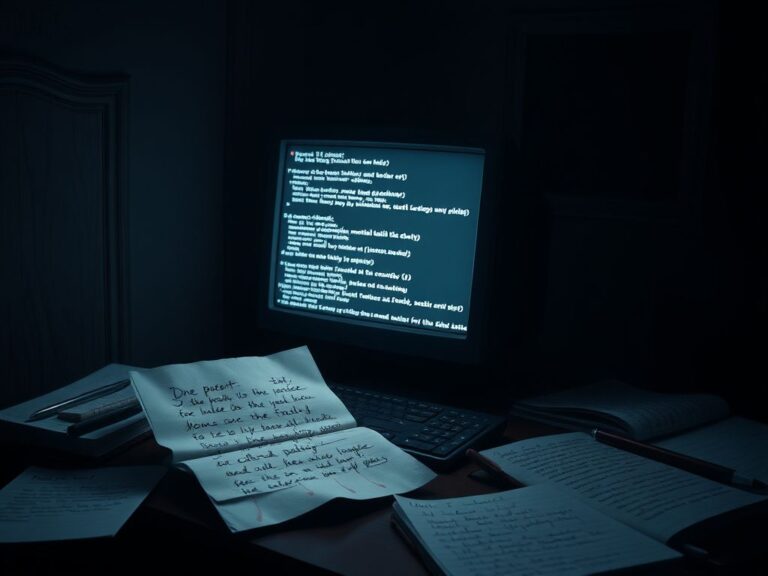 Flick International A disassembled computer monitor with fragmented code and AI dialogues in a dimly lit room