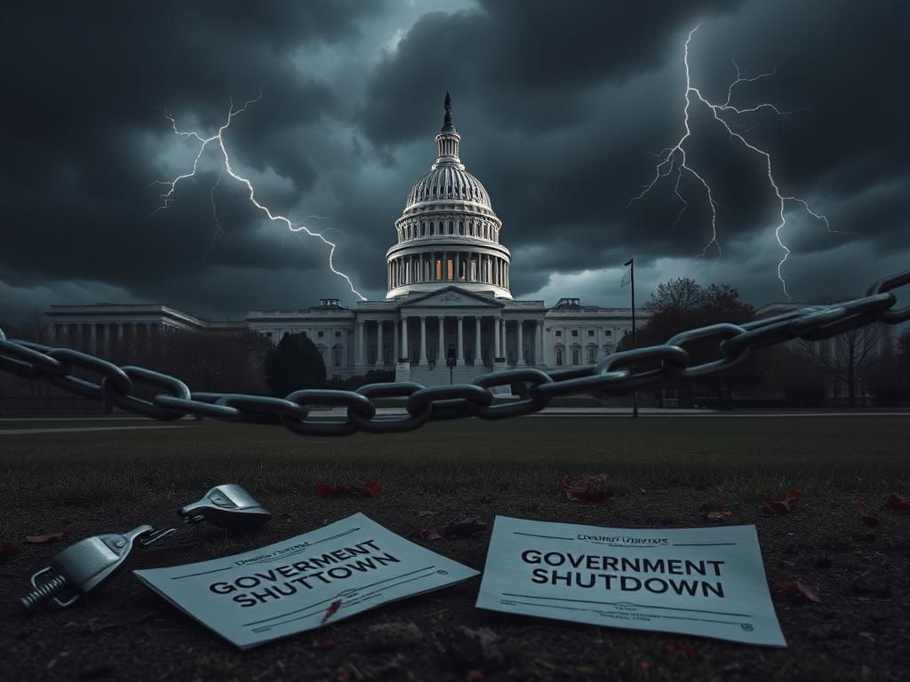 Flick International Dramatic depiction of the U.S. Capitol building surrounded by storm clouds, symbolizing political turmoil and uncertainty.