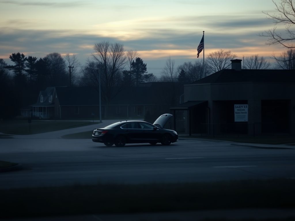 Flick International Somber suburban neighborhood in Dayton, Ohio with a dark blue military-style car parked at an empty municipal building's safety exchange zone