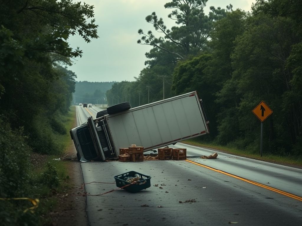 Flick International Overturned truck carrying research monkeys on a rural highway in Mississippi