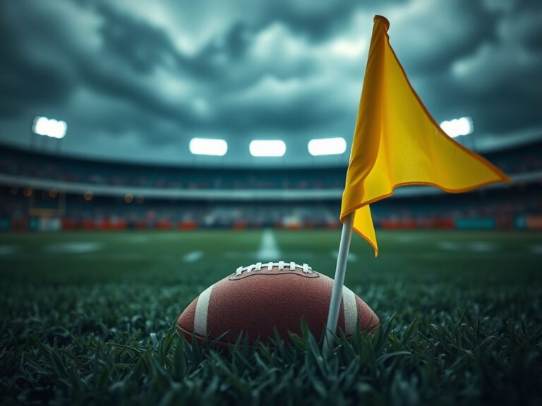Flick International Close-up of a football in grass with a penalty flag, symbolizing NFL replay controversies