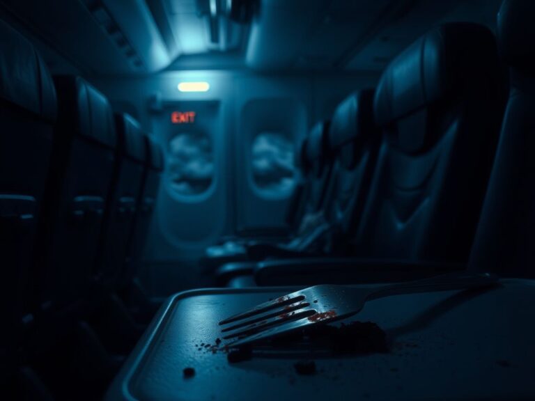 Flick International Abandoned metal fork on tray table in airplane cabin after violent incident