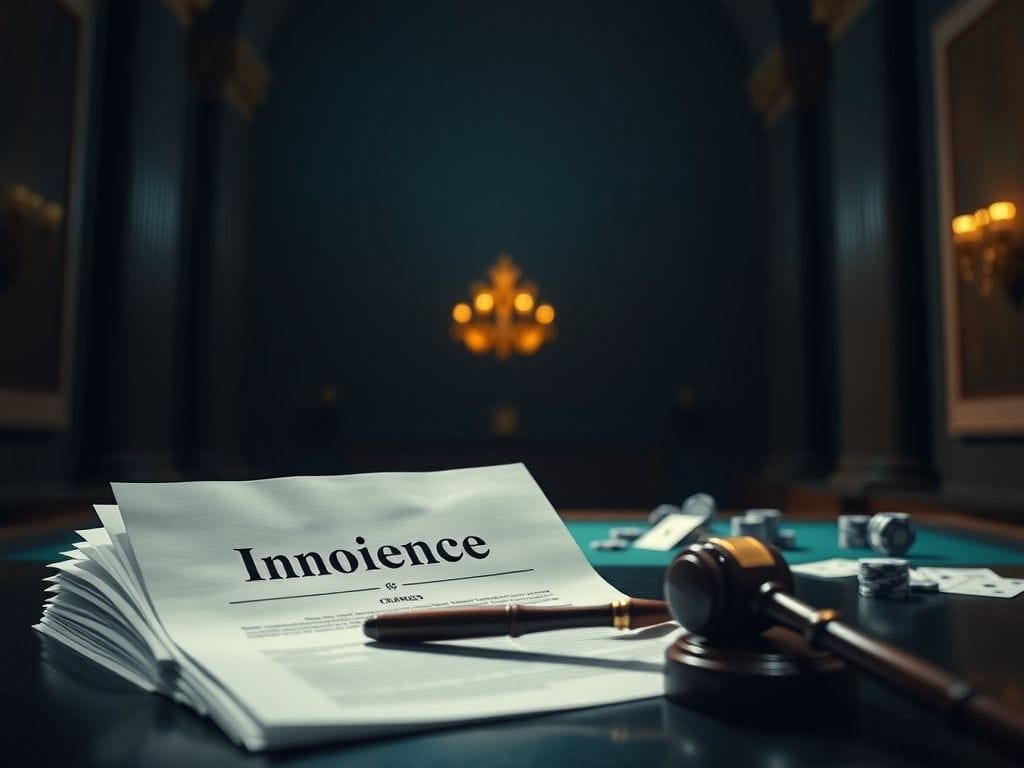 Flick International Dimly lit courtroom with legal documents symbolizing Terry Rozier's innocence battle