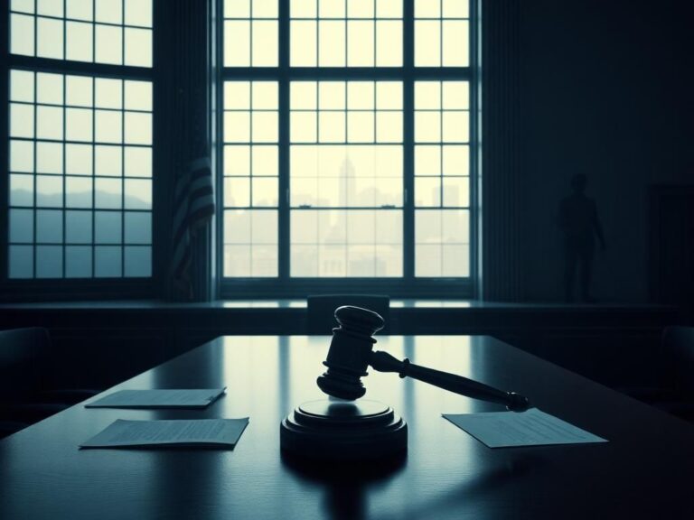 Flick International Empty wooden judge's bench with a gavel, symbolizing justice