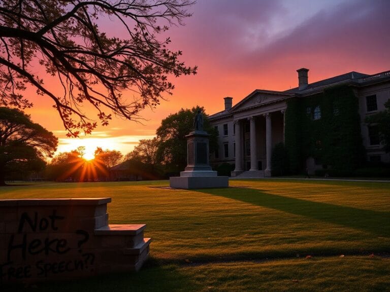Flick International Sunset view of a university campus featuring a pedestal for a proposed statue amidst graffiti and classical architecture