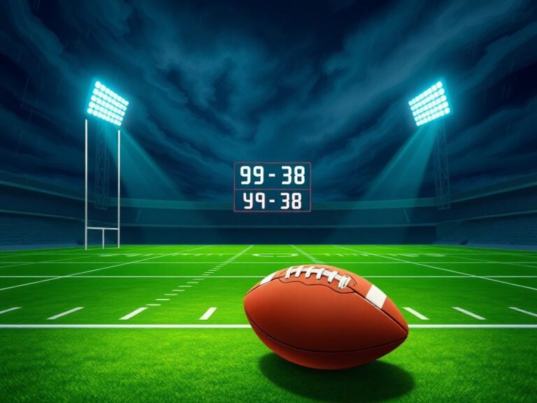 Flick International Dramatic illustration of an empty football stadium under floodlights with a close-up of a football on wet turf