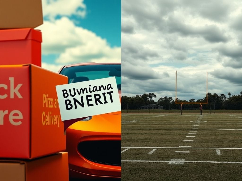 Flick International A dynamic split-scene image contrasting quick fixes with a contemplative football field