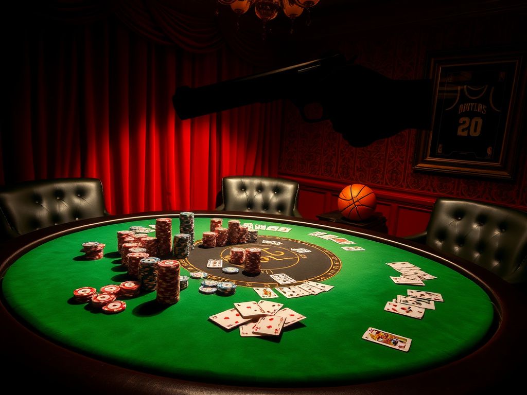 Flick International Upscale poker room with luxurious green felt table and shadowy silhouette hinting at intimidation