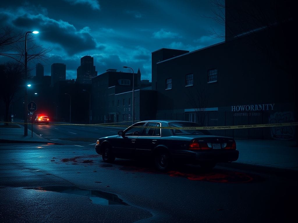 Flick International Dark urban landscape at Howard University depicting an abandoned car and police tape