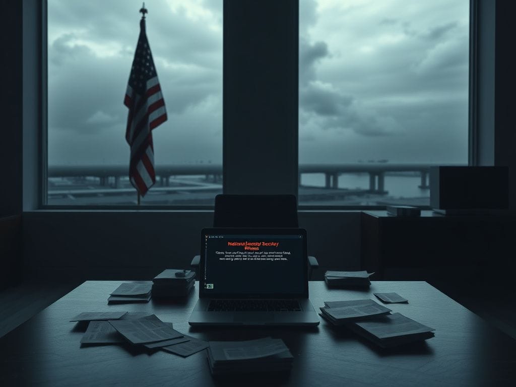 Flick International solemn military office interior with scattered classified documents and a laptop warning about national security breaches