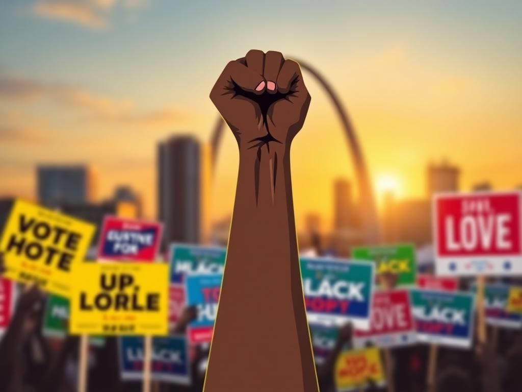 Flick International Abstract representation of an election campaign scene featuring a raised fist symbolizing justice and equality