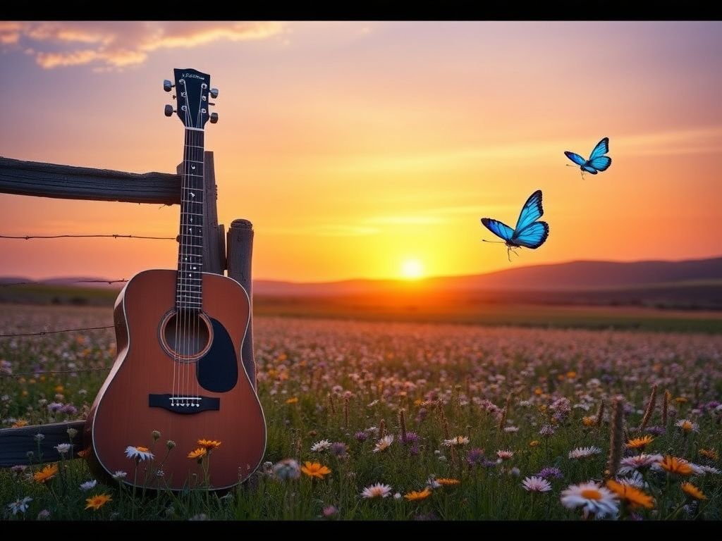 Flick International Sunset over a field of wildflowers with an acoustic guitar symbolizing music and remembrance