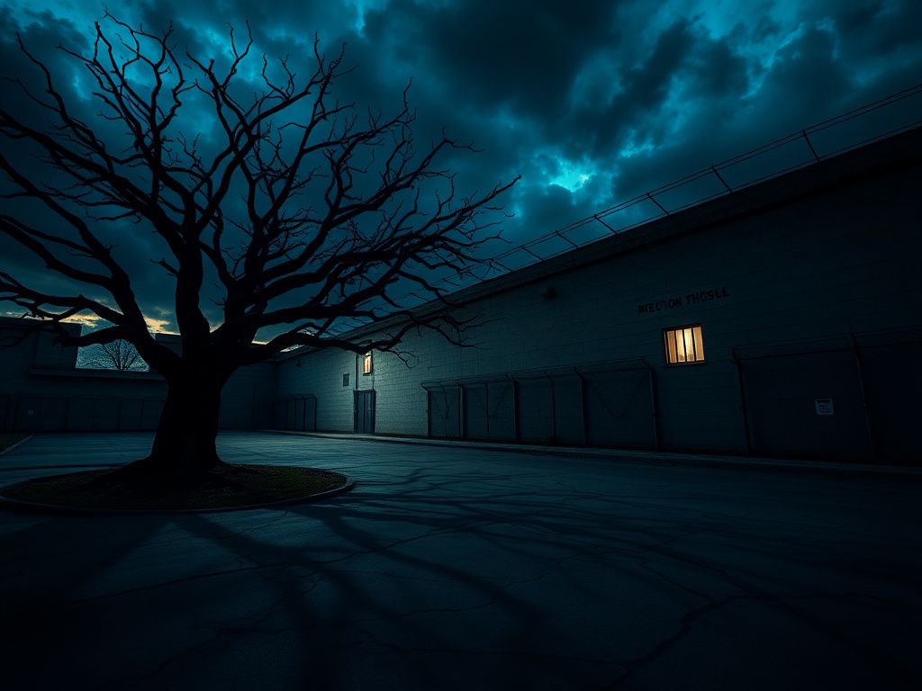 Flick International Shadowy exterior of Florida State Prison at dusk with a gnarled tree and dark clouds