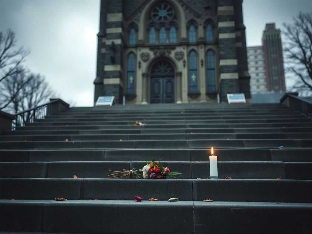 Flick International somber church steps in Philadelphia with wilted flowers and a flickering candle