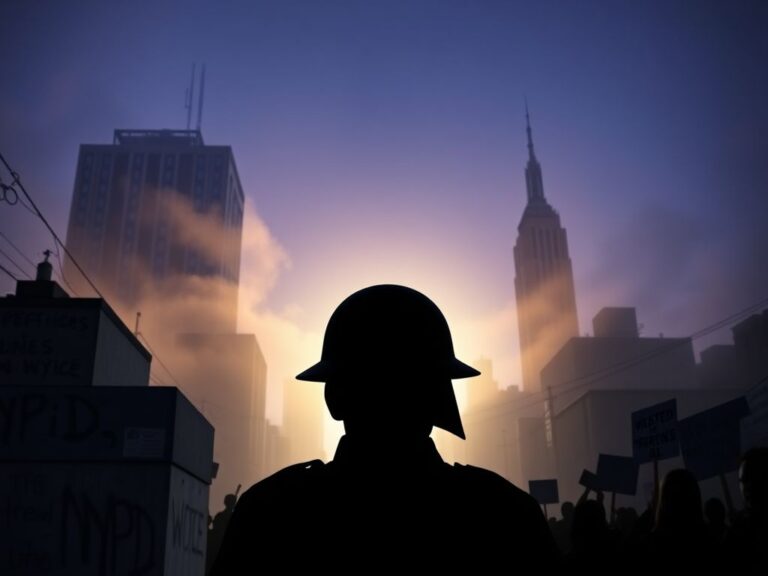 Flick International Silhouette of a police badge and military helmet against a New York cityscape