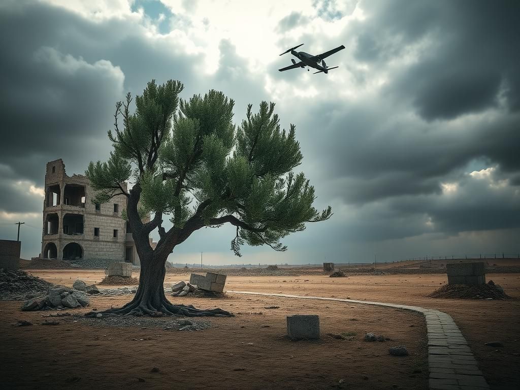 Flick International A dramatic depiction of a barren Middle Eastern landscape signifying ongoing conflict and hope.