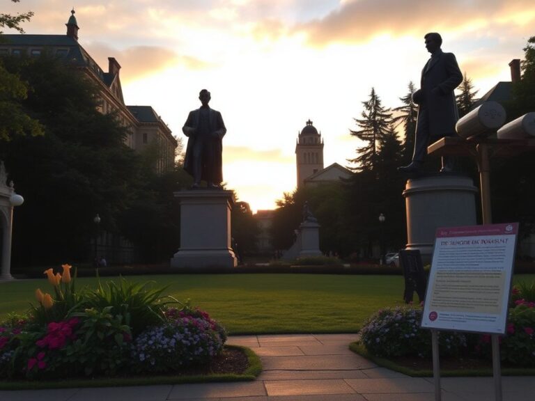 Flick International Empty pedestals of Abraham Lincoln and Theodore Roosevelt surrounded by lush greenery in Portland's South Park Blocks