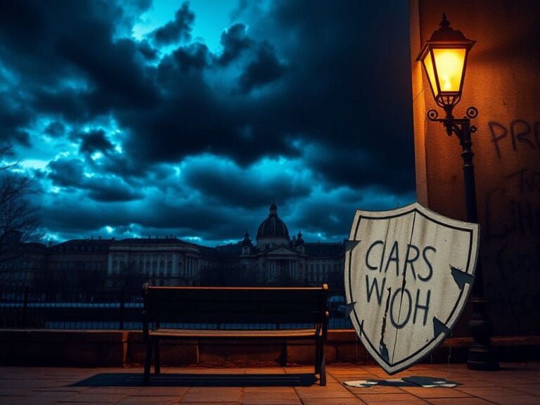 Flick International Dimly lit European cityscape at dusk with dark clouds and an empty park bench symbolizing solitude and tension