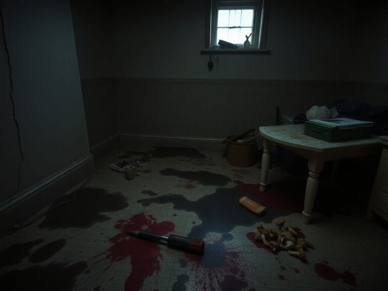 Flick International A dimly lit basement with a bloodied screwdriver and psychedelic mushrooms scattered on a table