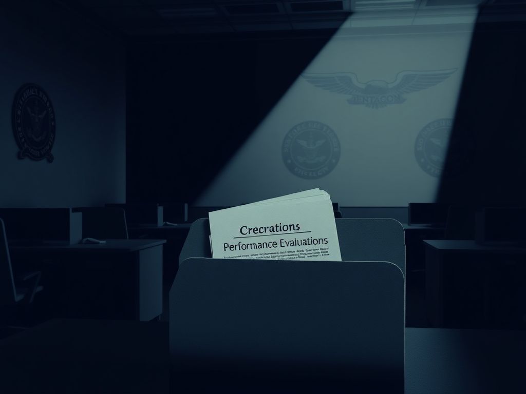 Flick International A somber office environment at the Pentagon with empty desks and dim lighting.