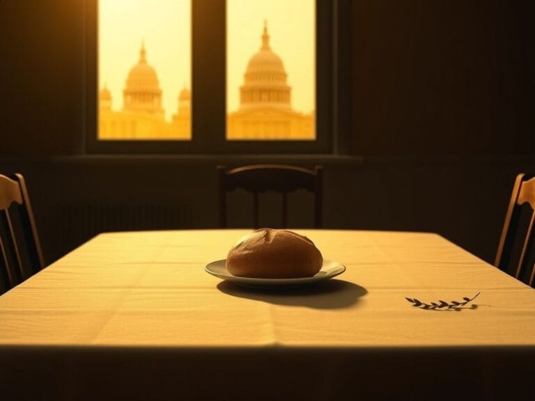 Flick International A somber scene of an empty table set for a meal with a loaf of bread and a bowl of fruit, symbolizing the urgency of food assistance.
