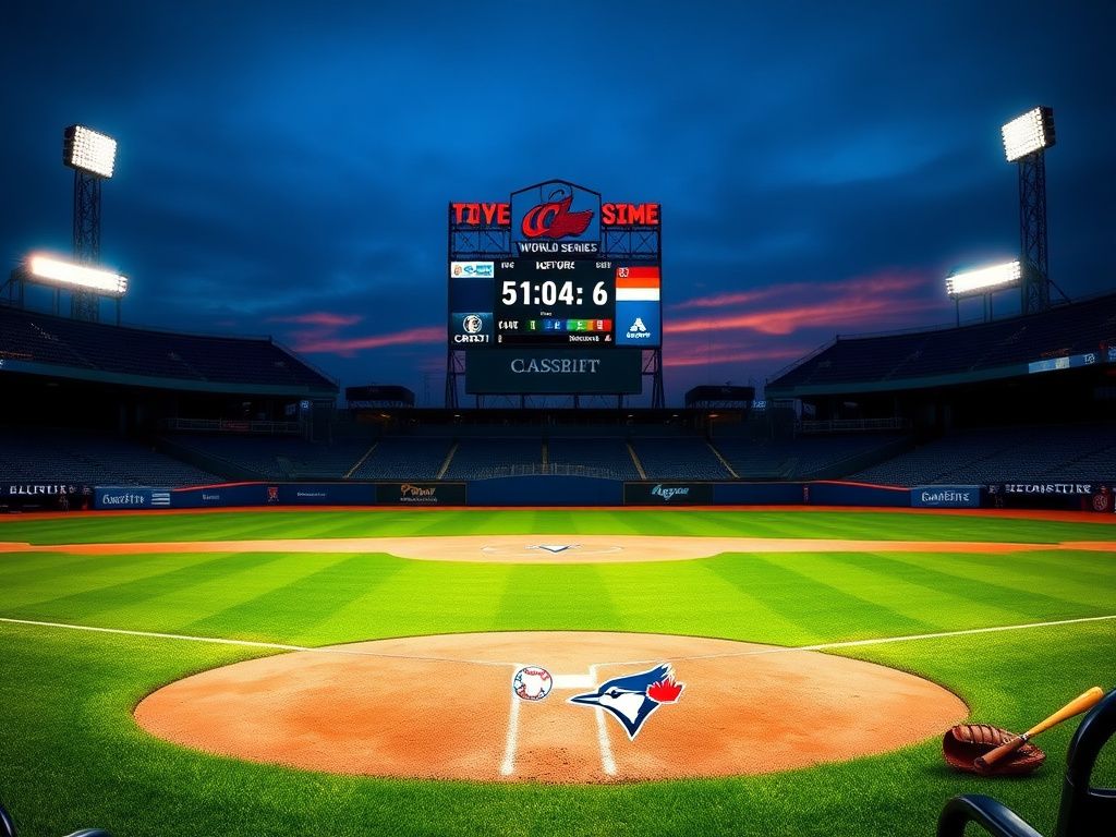 Flick International Vibrant baseball field at dusk with illuminated bases and a scoreboard showing 6-2