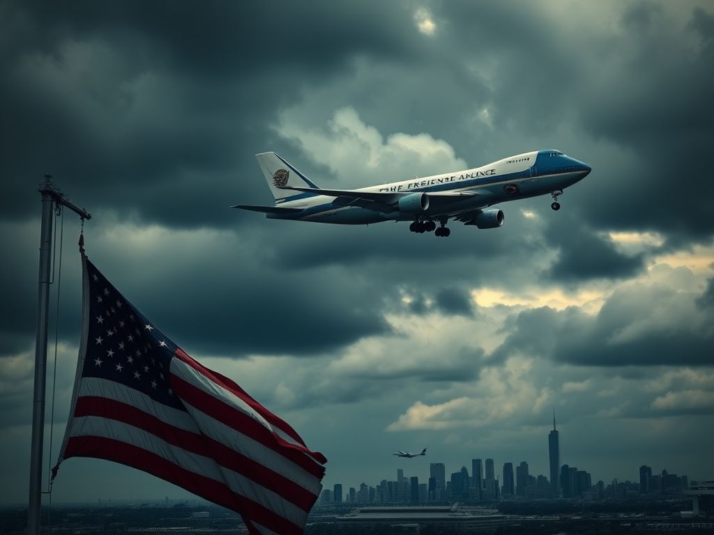 Flick International Air Force One flying through a cloudy sky with a city skyline in the background