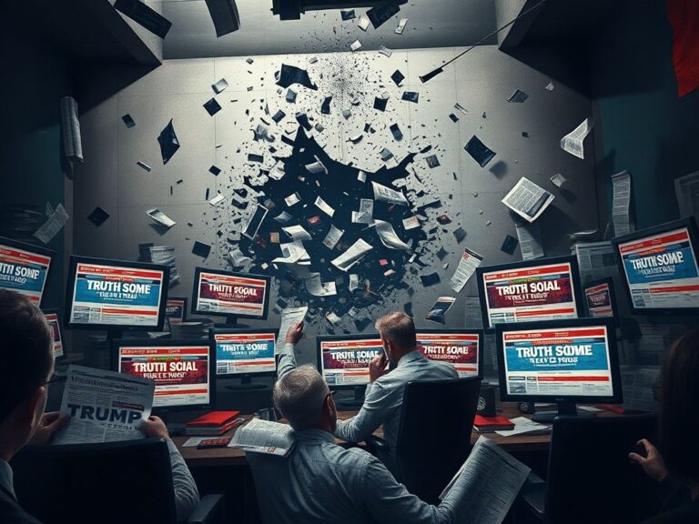 Flick International A chaotic newsroom environment with floating headlines and news tickers