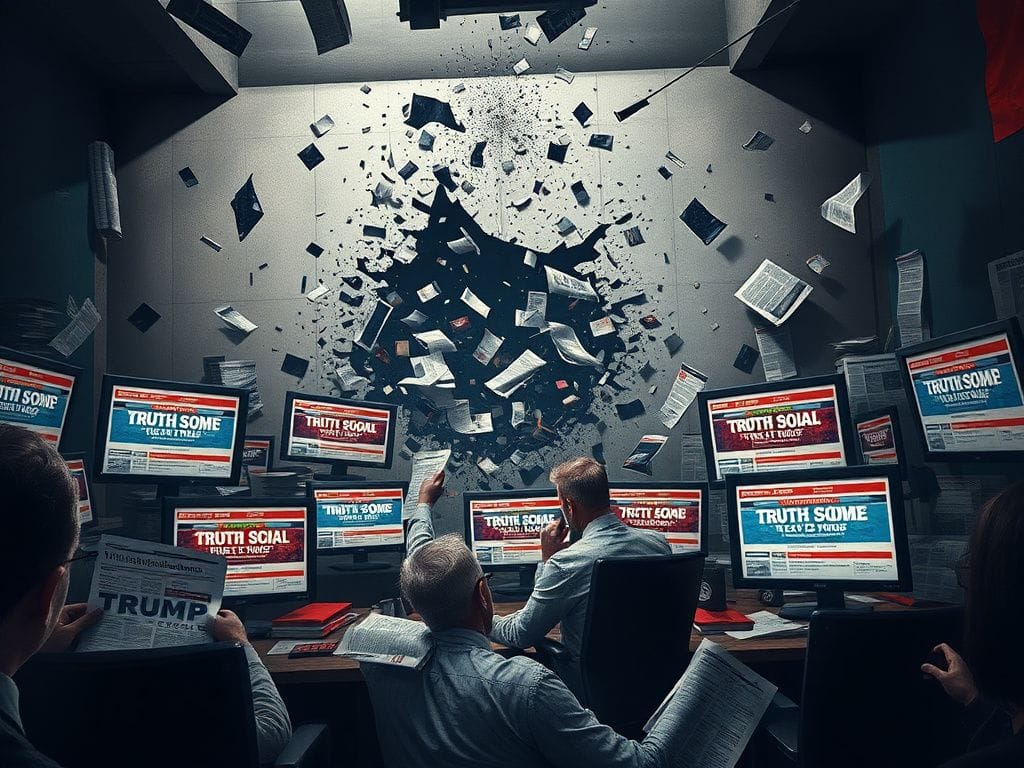 Flick International A chaotic newsroom environment with floating headlines and news tickers