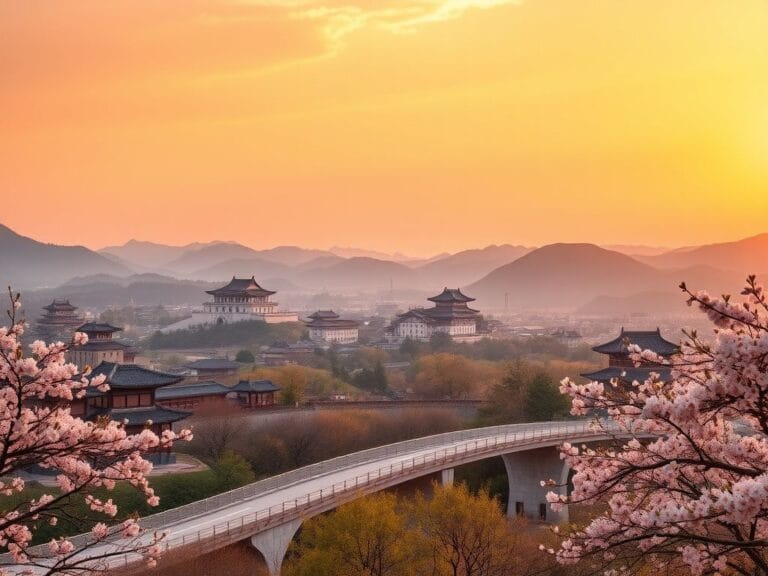 Flick International Panoramic view of Gyeongju, South Korea, highlighting historical architecture and a modern bridge