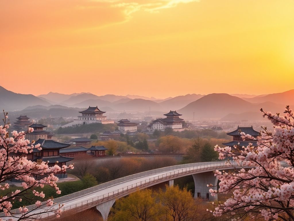 Flick International Panoramic view of Gyeongju, South Korea, highlighting historical architecture and a modern bridge