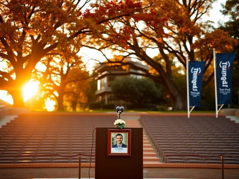 Flick International Serene campus scene at the University of Mississippi with empty outdoor amphitheater and vibrant fall foliage