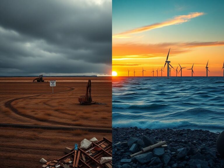 Flick International A dramatic landscape illustrating the contrast between the canceled Keystone XL pipeline and a serene offshore wind farm