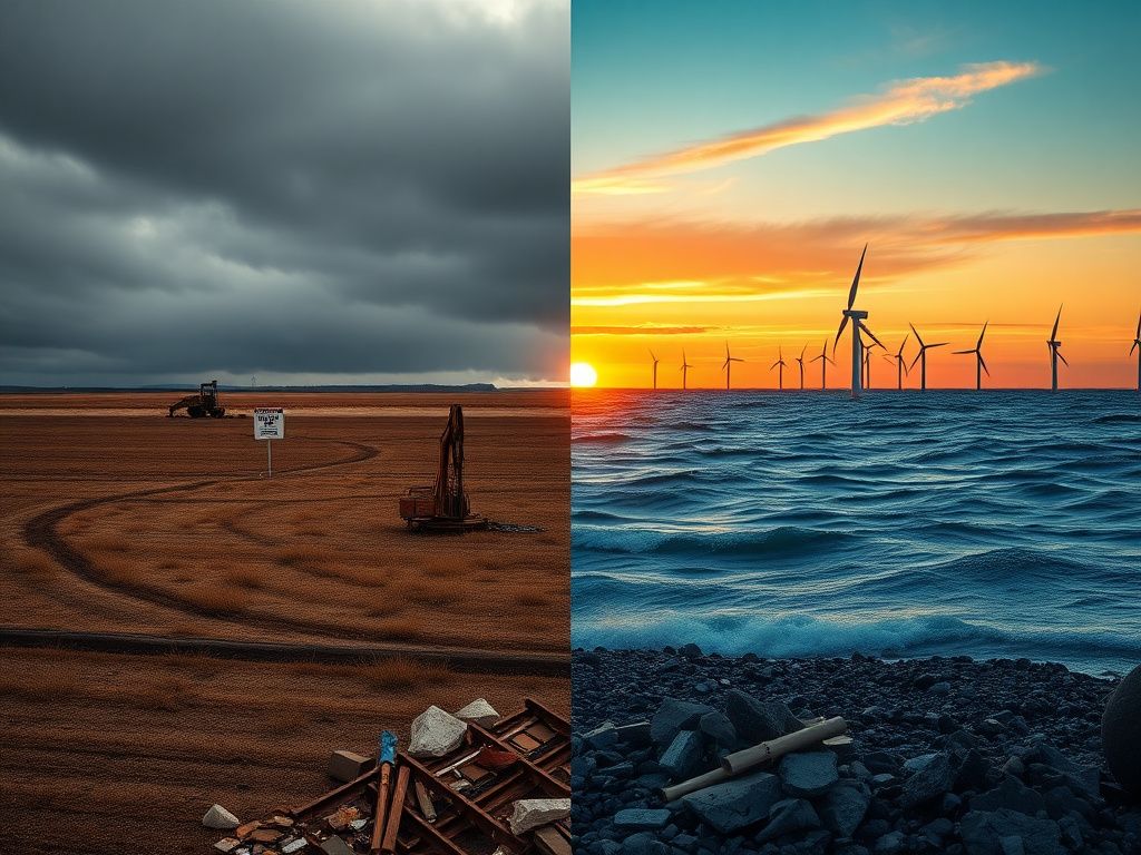 Flick International A dramatic landscape illustrating the contrast between the canceled Keystone XL pipeline and a serene offshore wind farm