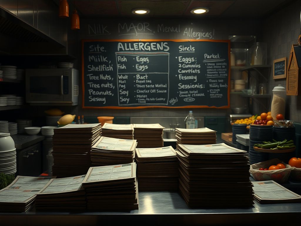 Flick International A dimly lit restaurant kitchen filled with unmarked menus and allergen disclosures