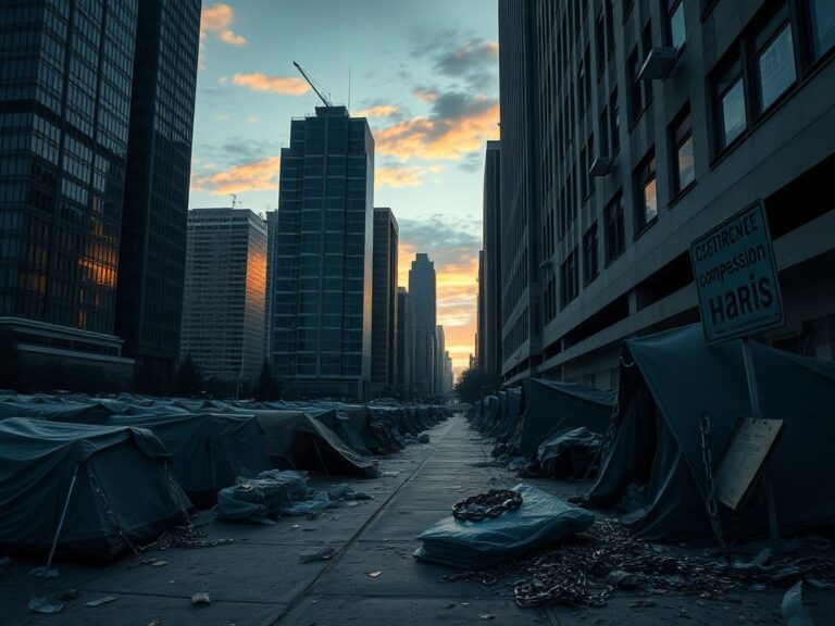 Flick International A stark contrast between luxury skyscrapers and a dilapidated homeless encampment at twilight.