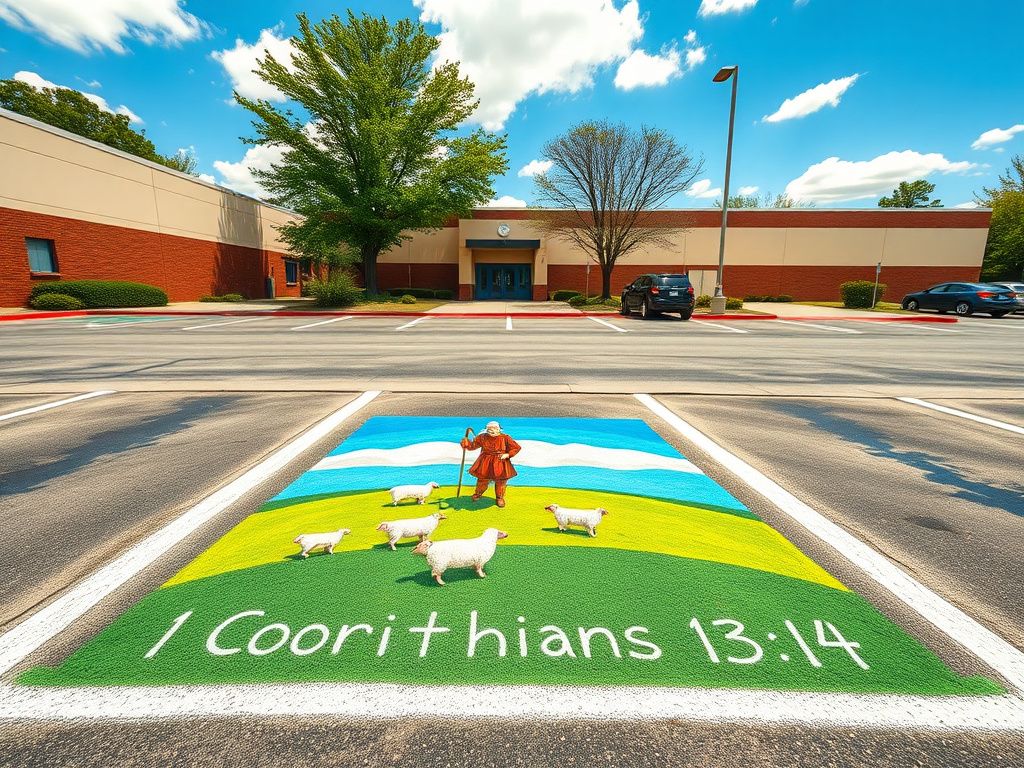 Flick International Colorful Christian-themed design on school parking space with shepherd and sheep