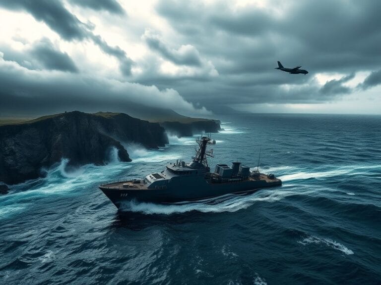 Flick International A sleek naval ship patrolling the churning sea along a rugged Caribbean coastline