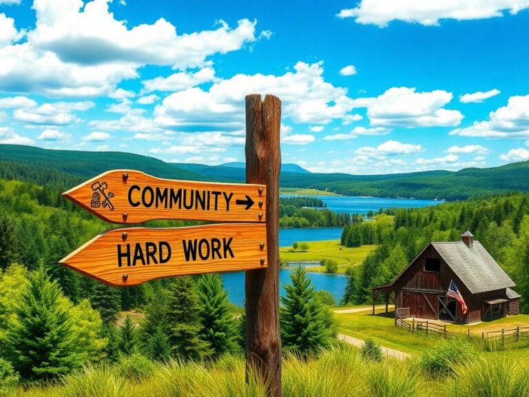 Flick International Vibrant landscape of northern Wisconsin with a wooden signpost indicating 'Community' and 'Hard Work'.