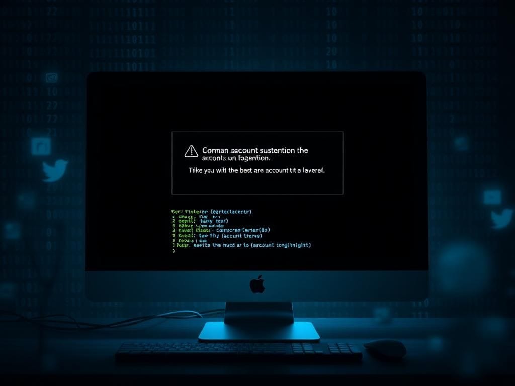 Flick International Dark computer screen displaying a malicious command prompt interface with a fake Meta notification about account suspension