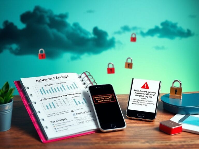 Flick International Organized desk with financial planner and smartphone warning about retirement scams