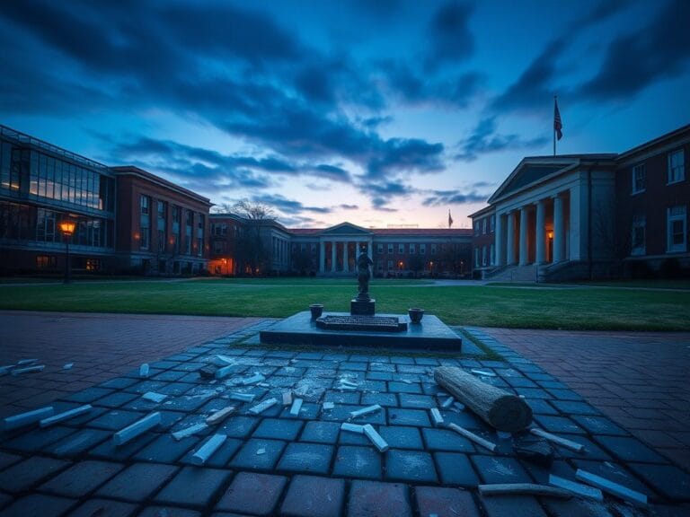 Flick International University campus scene during twilight with empty lecture halls and deserted quad.