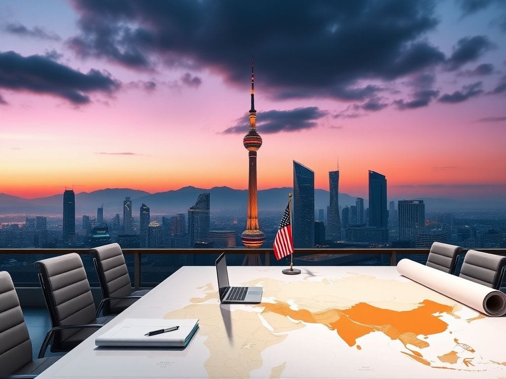 Flick International A serene skyline of Seoul at dusk featuring N Seoul Tower and a modern conference table for diplomatic talks