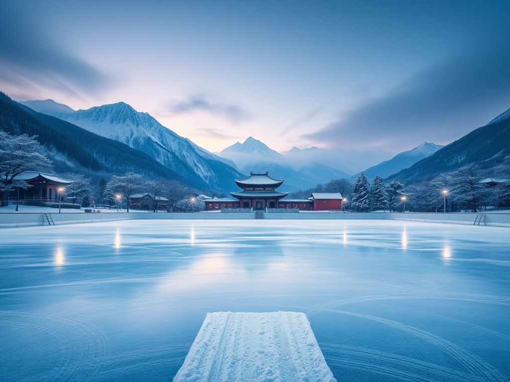 Flick International Serene ice rink illuminated by ethereal lights in a winter landscape with snow-covered mountains.