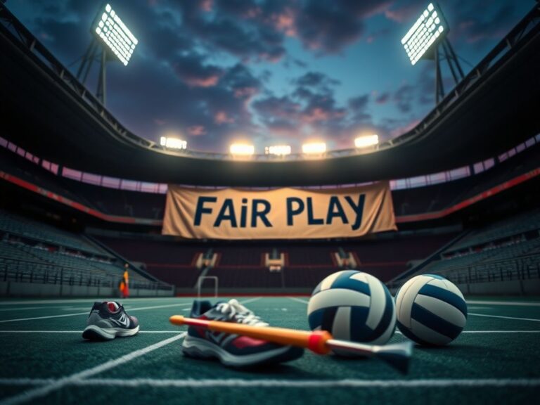 Flick International Overhead view of an empty sports stadium with vibrant floodlights and athletic equipment representing both male and female sports.